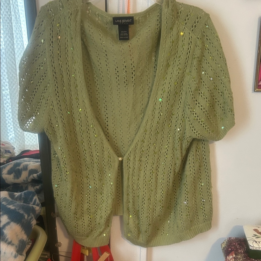 Lane Bryant Light Green Open-Knit Cardigan